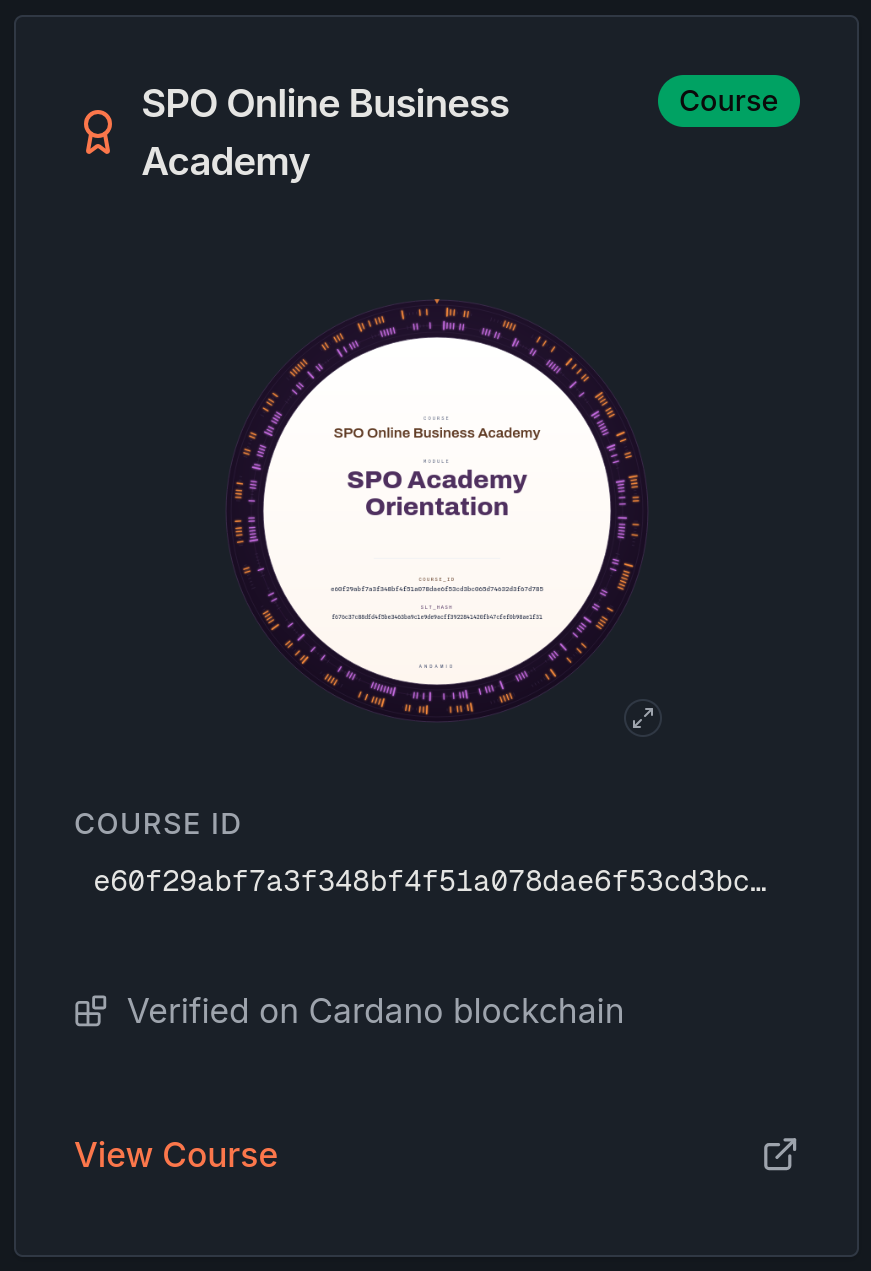 Module 000 credential, SPO Academy Orientation, shown as verified on the Cardano blockchain
